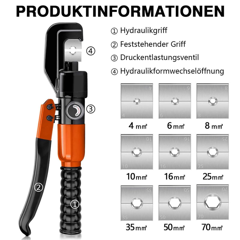 XIIW Hydraulische Crimpzange 4–50 mm² – Kabelschuhzange mit 9 Pressbacken, Kabelschneider und Transportkoffer