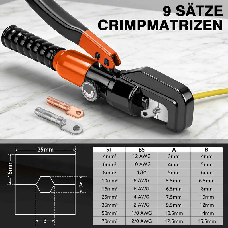XIIW Hydraulische Crimpzange 4–50 mm² – Kabelschuhzange mit 9 Pressbacken, Kabelschneider und Transportkoffer