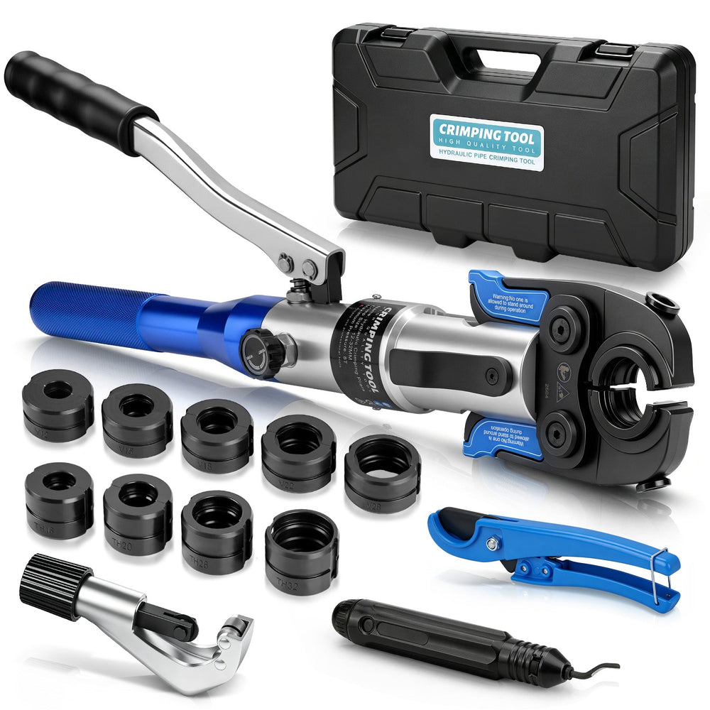 XIIW hydraulisk pressetang 80 kN, V- & TH-kontur 12–32 mm, 14-delt rørpressetangsæt med rørskærere og afgrater