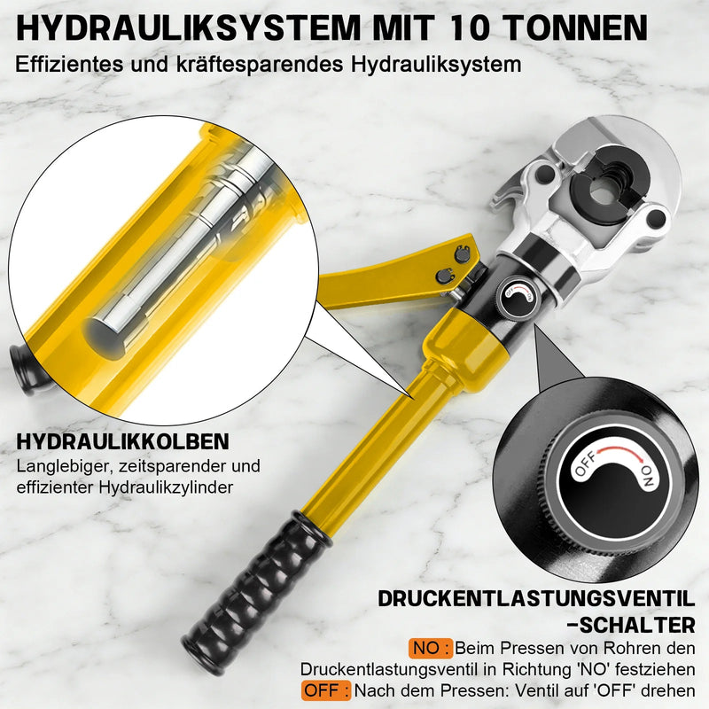 XIIW Hydraulische Rohrpresszange 100 kN mit 9 Pressbacken – V- & TH-Kontur 12–32 mm, Komplettset mit Rohrabschneider, Entgrater und Koffer