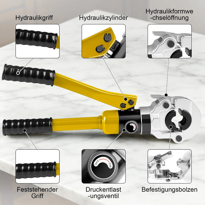 XIIW Hydraulische Rohrpresszange 100 kN mit 9 Pressbacken – V- & TH-Kontur 12–32 mm, Komplettset mit Rohrabschneider, Entgrater und Koffer