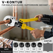 XIIW Hydraulische Rohrpresszange 100 kN mit 9 Pressbacken – V- & TH-Kontur 12–32 mm, Komplettset mit Rohrabschneider, Entgrater und Koffer
