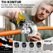 XIIW Hydraulische Rohrpresszange 100 kN mit 9 Pressbacken – V- & TH-Kontur 12–32 mm, Komplettset mit Rohrabschneider, Entgrater und Koffer