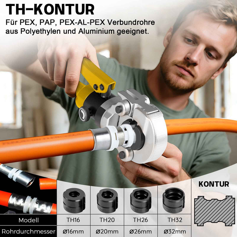 XIIW Hydraulische Rohrpresszange 100 kN mit 9 Pressbacken – V- & TH-Kontur 12–32 mm, Komplettset mit Rohrabschneider, Entgrater und Koffer