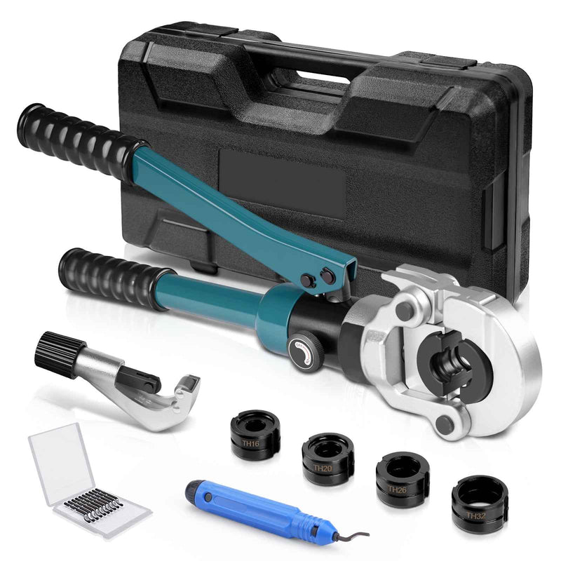 XIIW Hydraulische Rohrpresszange 100 kN – TH-Kontur Presszangen-Set TH16–TH32 mit Rohrabschneider, Entgrater und Transportkoffer