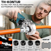 XIIW Hydraulische Rohrpresszange 100 kN – TH-Kontur Presszangen-Set TH16–TH32 mit Rohrabschneider, Entgrater und Transportkoffer