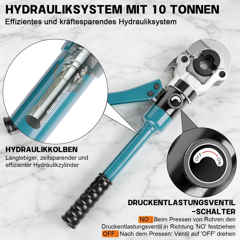 XIIW Hydraulische Rohrpresszange 100 kN – TH-Kontur Presszangen-Set TH16–TH32 mit Rohrabschneider, Entgrater und Transportkoffer