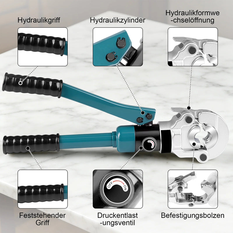 XIIW Hydraulische Rohrpresszange 100 kN – V-Kontur Set V12–V28 mit 5 Pressbacken, Rohrabschneider, Entgrater und Koffer