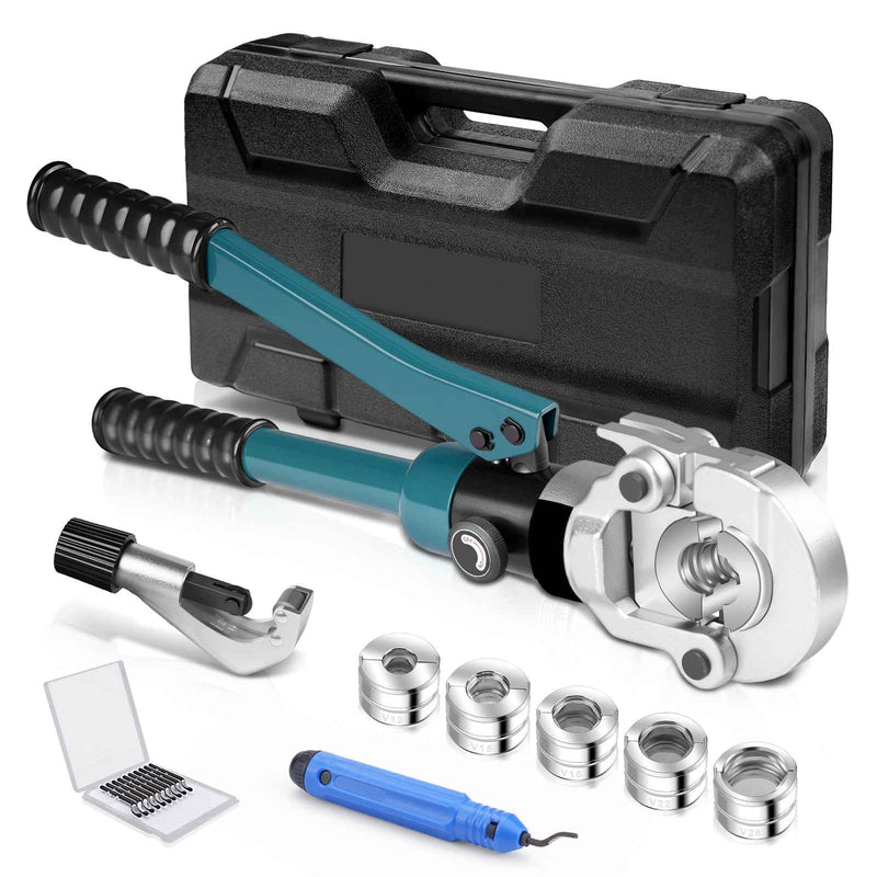 XIIW Hydraulische Rohrpresszange 100 kN – V-Kontur Set V12–V28 mit 5 Pressbacken, Rohrabschneider, Entgrater und Koffer