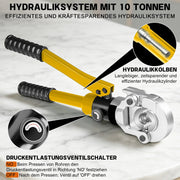 XIIW Hydraulische Rohrpresszange 100 kN – V- & TH-Kontur Set mit 9 Pressbacken, Rohrabschneider, Entgrater und Koffer