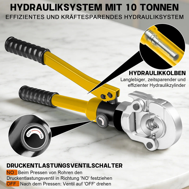 XIIW Hydraulische Rohrpresszange 100 kN – V- & TH-Kontur Set mit 9 Pressbacken, Rohrabschneider, Entgrater und Koffer