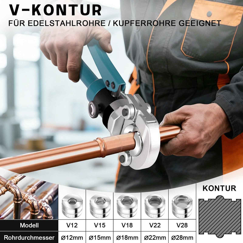XIIW Hydraulische Rohrpresszange 100 kN – V- & TH-Kontur Set mit 9 Pressbacken, Rohrabschneider, Entgrater und Koffer