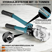 XIIW Hydraulische Rohrpresszange 100 kN – V- & TH-Kontur Set mit 9 Pressbacken, Rohrabschneider, Entgrater und Koffer