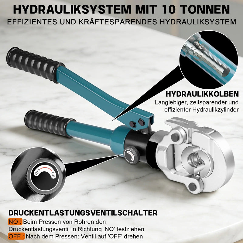 XIIW Hydraulische Rohrpresszange 100 kN – V- & TH-Kontur Set mit 9 Pressbacken, Rohrabschneider, Entgrater und Koffer