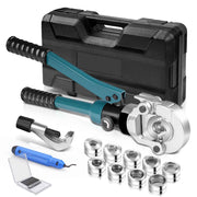 XIIW Hydraulische Rohrpresszange 100 kN – V- & TH-Kontur Set mit 9 Pressbacken, Rohrabschneider, Entgrater und Koffer