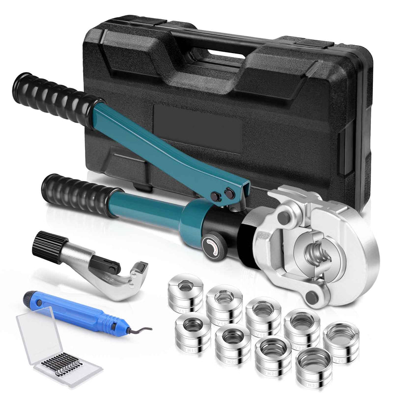 XIIW Hydraulische Rohrpresszange 100 kN – V- & TH-Kontur Set mit 9 Pressbacken, Rohrabschneider, Entgrater und Koffer