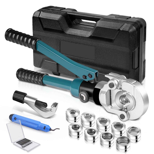 XIIW Hydraulische Rohrpresszange 100 kN – V- & TH-Kontur Set mit 9 Pressbacken, Rohrabschneider, Entgrater und Koffer