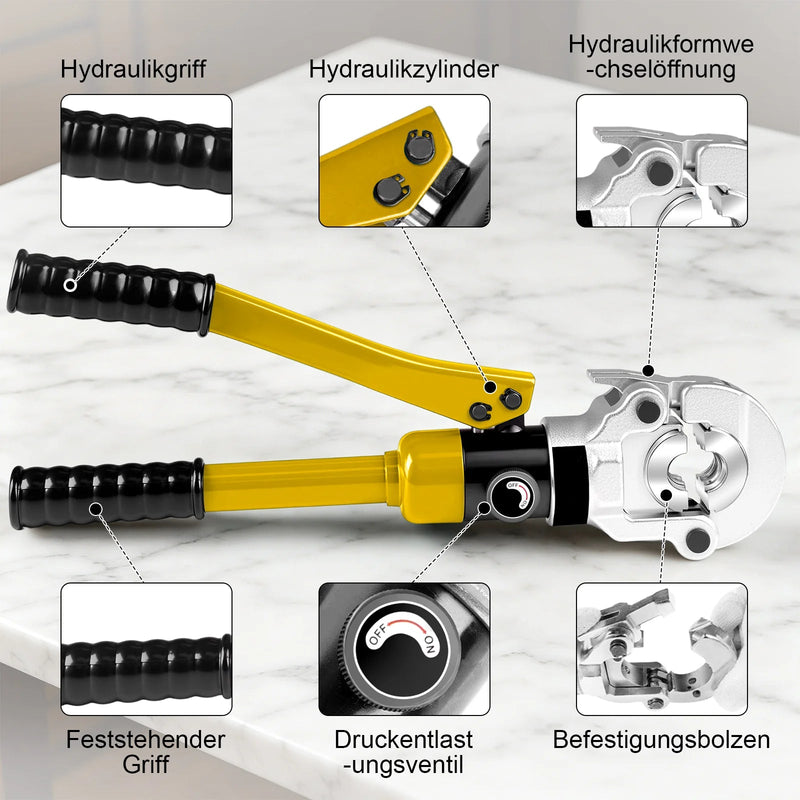 XIIW Hydraulische Rohrpresszange 100 kN – V- & TH-Kontur Set mit 9 Pressbacken, Rohrabschneider, Entgrater und Koffer