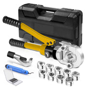 XIIW Hydraulische Rohrpresszange 100 kN – V- & TH-Kontur Set mit 9 Pressbacken, Rohrabschneider, Entgrater und Koffer