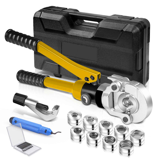 XIIW Hydraulische Rohrpresszange 100 kN – V- & TH-Kontur Set mit 9 Pressbacken, Rohrabschneider, Entgrater und Koffer