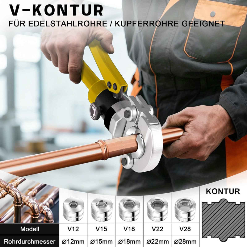 XIIW Hydraulische Rohrpresszange 100 kN – V- & TH-Kontur Set mit 9 Pressbacken, Rohrabschneider, Entgrater und Koffer
