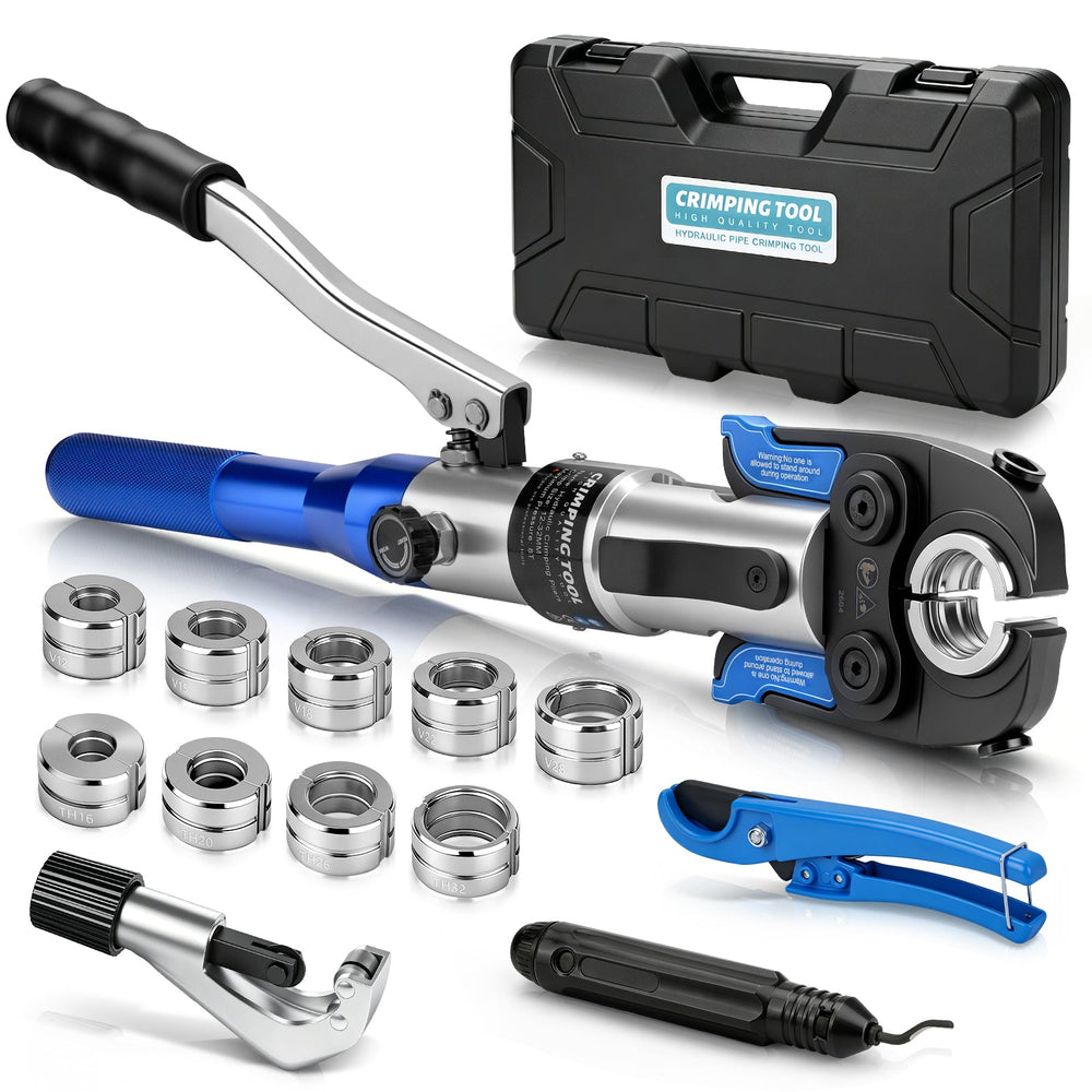 XIIW hydraulisk rørpressetang 80 kN, V- og TH-profil 12–32 mm, pressesæt med rørskærere og afgrater