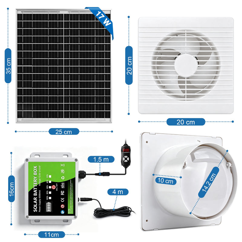 XIIW Solar Abluftventilator 150 mm mit 8000mAh Akku, 17W Solarpanel, 200 m³/h Solar Lüfter für Hühnerstall & Gewächshaus