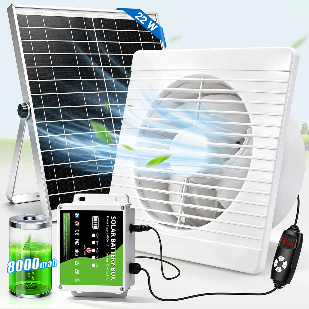 XIIW solcelledrevet udsugningsventilator 200 mm med 8000mAh batteri, 22W solpanel, 500 m³/h solcelledrevet ventilator til hønsehus og drivhus