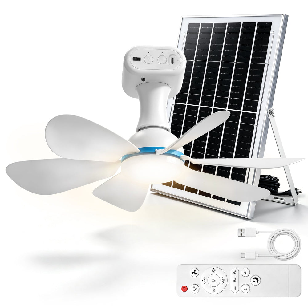 XIIW solcelledrevet campingventilator med LED-lys, 6000mAh batteri, solpanel, fjernbetjening og timer, 3 lysfarver, til telt og autocamper