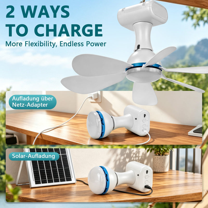 XIIW Solar Camping Ventilator mit LED Licht, 6000mAh Akku, Solarpanel, Fernbedienung & Timer, 3 Lichtfarben, für Zelt & Wohnmobil