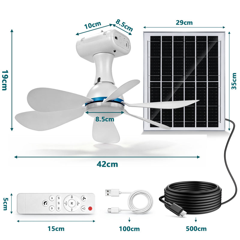 XIIW Solar Camping Ventilator mit LED Licht, 6000mAh Akku, Solarpanel, Fernbedienung & Timer, 3 Lichtfarben, für Zelt & Wohnmobil