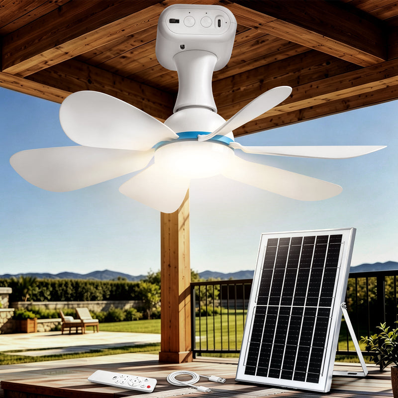 XIIW Solar Camping Ventilator mit LED Licht, 6000mAh Akku, Solarpanel, Fernbedienung & Timer, 3 Lichtfarben, für Zelt & Wohnmobil