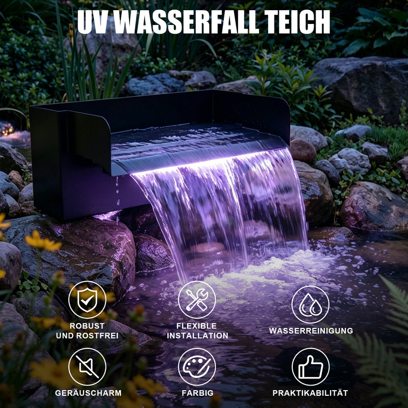 XIIW Teich-Wasserfall-Set mit 3000 l/h Pumpe, UVC-Klärer, RGB-Beleuchtung und Edelstahl-Wasserfall