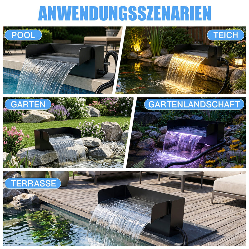 XIIW Teich-Wasserfall-Set mit 3000 l/h Pumpe, UVC-Klärer, RGB-Beleuchtung und Edelstahl-Wasserfall