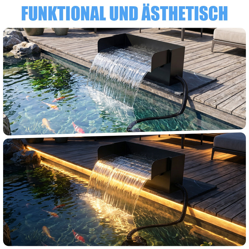 XIIW Teich-Wasserfall-Set mit 3000 l/h Pumpe, UVC-Klärer, RGB-Beleuchtung und Edelstahl-Wasserfall
