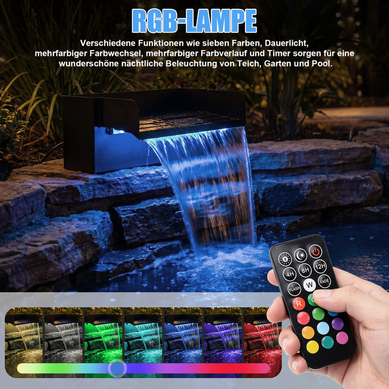 XIIW Teich-Wasserfall-Set mit 3000 l/h Pumpe, UVC-Klärer, RGB-Beleuchtung und Edelstahl-Wasserfall