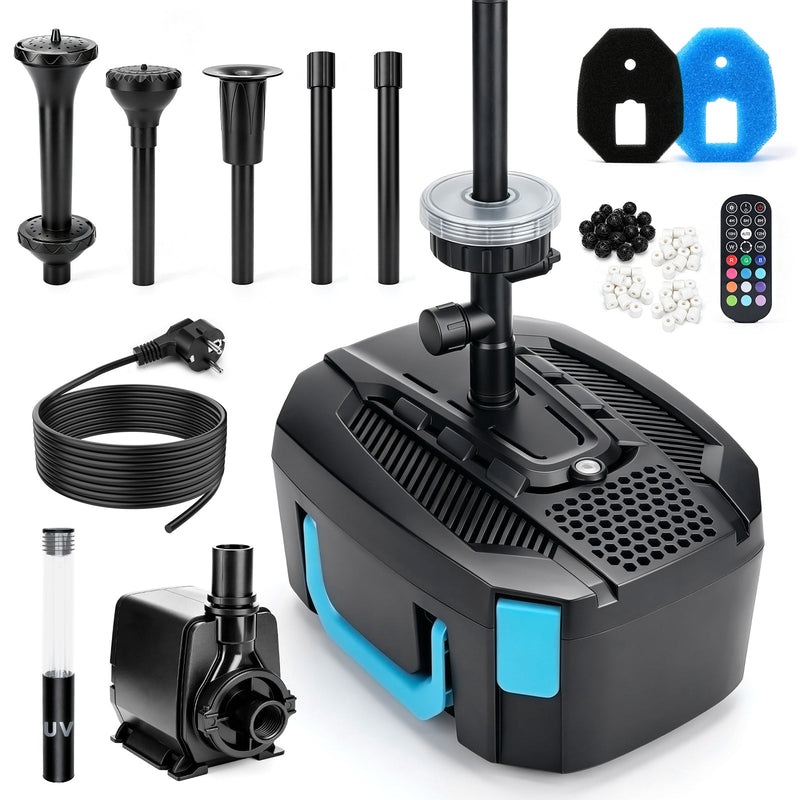 XIIW Teichfilter mit UVC, 45W-Pumpe 3000 l/h, RGB-Licht, 3 Springbrunnendüsen & Wasserfall