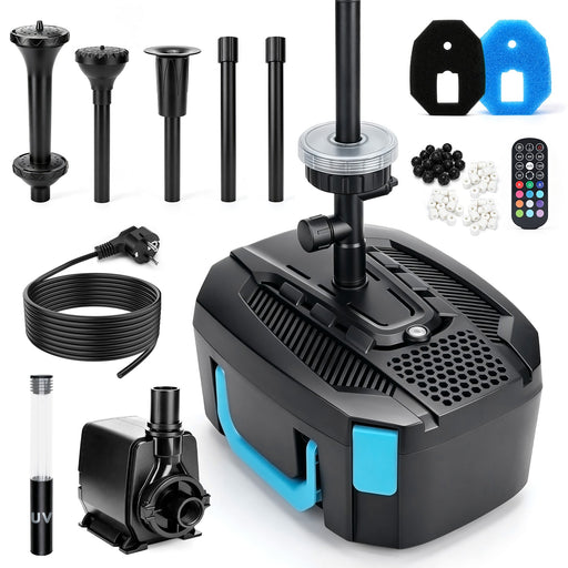 XIIW Teichfilter mit UVC, 45W-Pumpe 3000 l/h, RGB-Licht, 3 Springbrunnendüsen & Wasserfall
