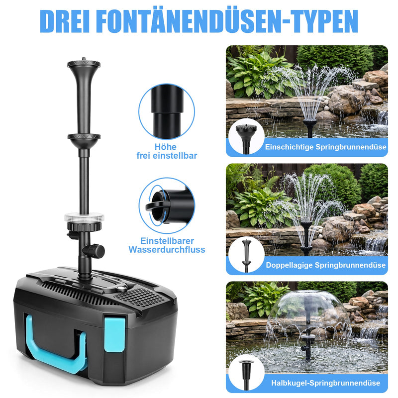 XIIW Teichfilter mit UVC, 45W-Pumpe 3000 l/h, RGB-Licht, 3 Springbrunnendüsen & Wasserfall
