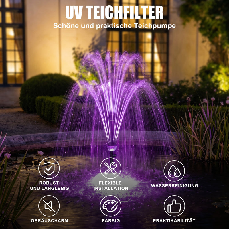 XIIW Teichfilter mit UVC, 45W-Pumpe 3000 l/h, RGB-Licht, 3 Springbrunnendüsen & Wasserfall