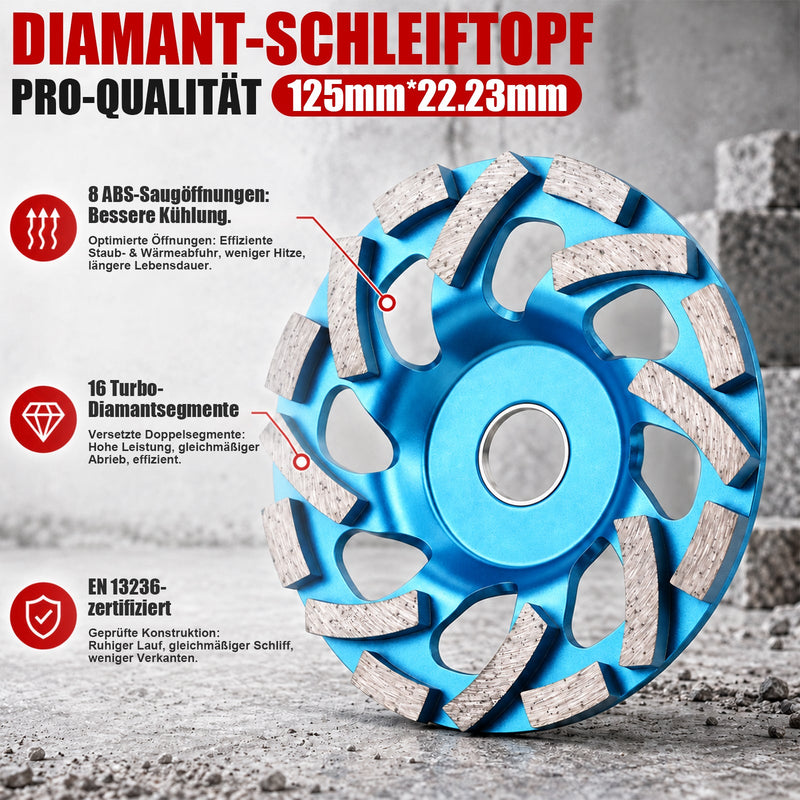 XIIW Winkelschleifer Absaughaube 125 mm mit 3 Diamant-Schleiftöpfen, Staubabsaugung für Beton, Estrich & Putz, randnahes Schleifen