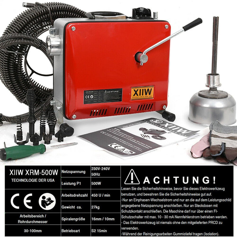 500W Rohrreinigungsmaschine mit 18,5m Ø16mm & 2,5m Ø10mm Spirale für Ø30 - 100mm Rohrleitungen
